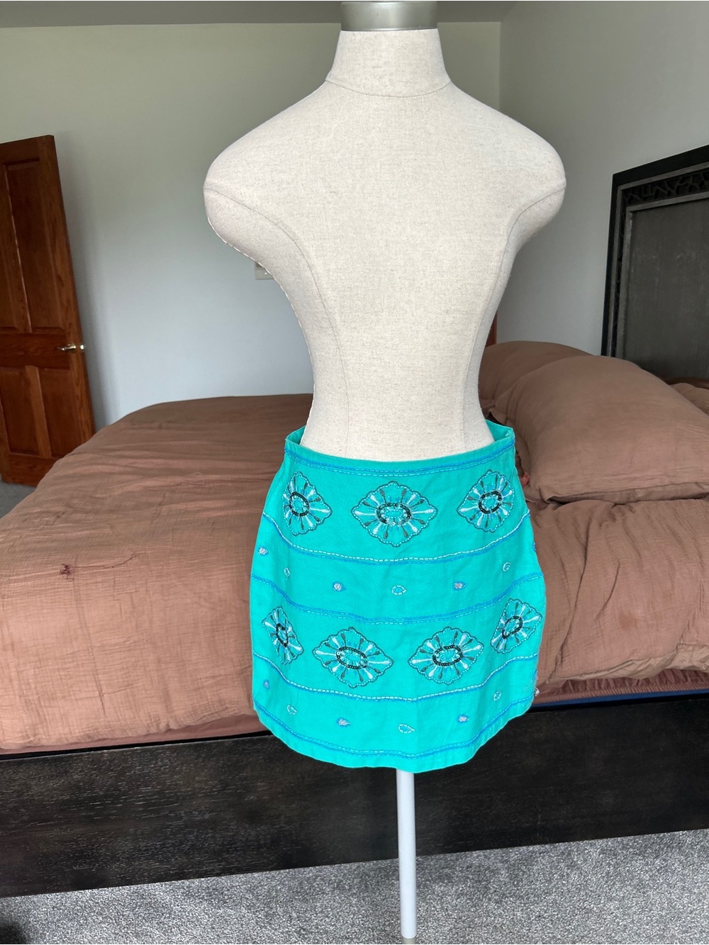 Zara Teal Embroidered Floral Mini Skirt